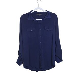 Navy Blue Button Down Roll Tab Sleeve Blouse L Office Casual Minimalist Capsule